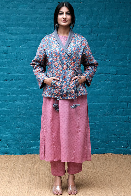 Dharan " Blue Overlap Quilted Jacket" Blue Block Printed Reversible Jacket - Image 3