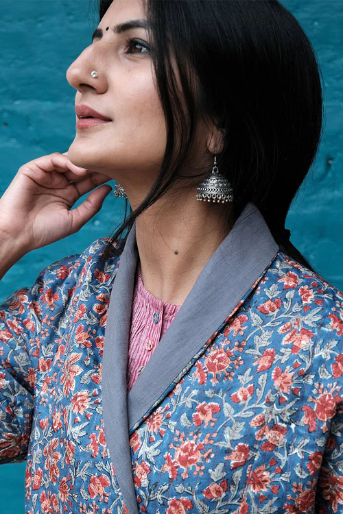 Dharan " Blue Overlap Quilted Jacket" Blue Block Printed Reversible Jacket - Image 4