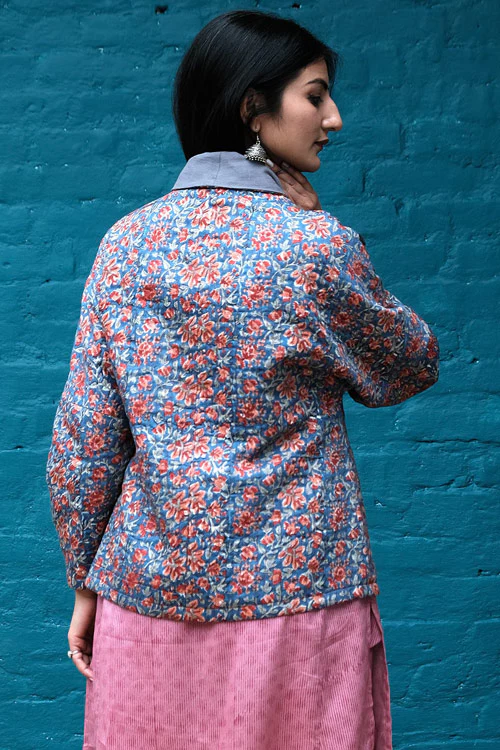 Dharan " Blue Overlap Quilted Jacket" Blue Block Printed Reversible Jacket - Image 5