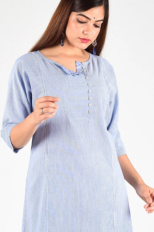 Dharan 'Blue Stripe Re Sana Kurta' Blue Woven Printed Kurta - Image 4