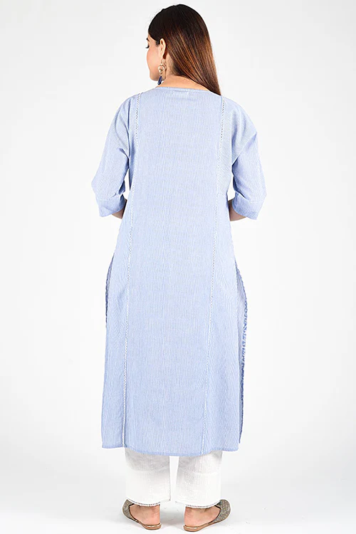 Dharan 'Blue Stripe Re Sana Kurta' Blue Woven Printed Kurta - Image 6