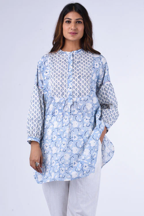 Dharan "Chandni Top" Blue Block Printed Top