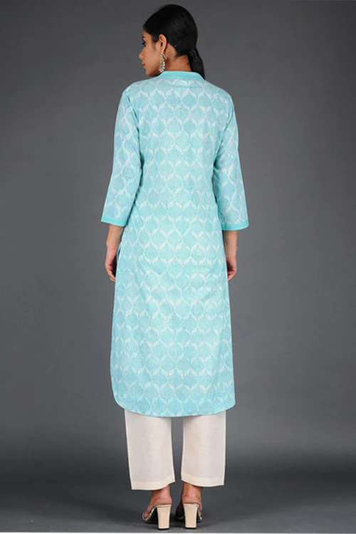 Dharan 'Charchara Print Pintuck Kurta' Blue Block Printed Kurta - Image 4