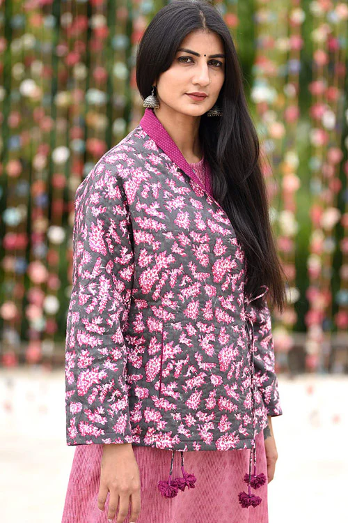 Dharan "Charcoal Overlap Quilted Jacket" Charcoal Block Printed Reversible Jacket - Image 6