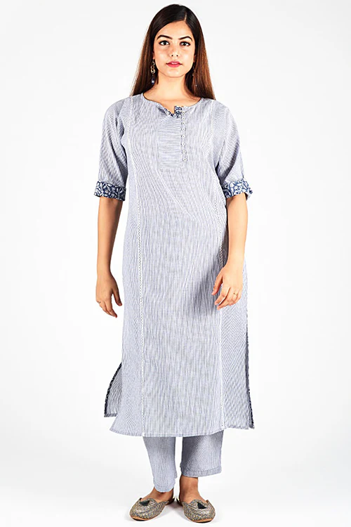 Dharan 'Charcoal Stripe Re Sana Kurta' Grey Woven Printed Kurta