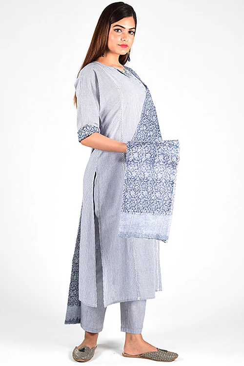 Dharan 'Charcoal Stripe Re Sana Kurta' Grey Woven Printed Kurta - Image 5