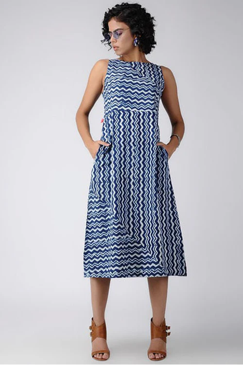 Dharan Dabu 'Zig-zag Print Dress' Indigo Block Printed Dress - Image 3