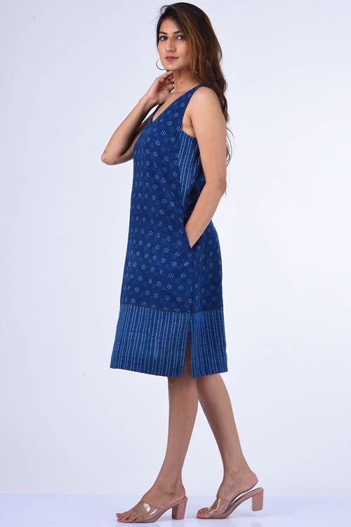 Dharan "Ditsy Dress" Indigo Block Printed Dress - Image 4