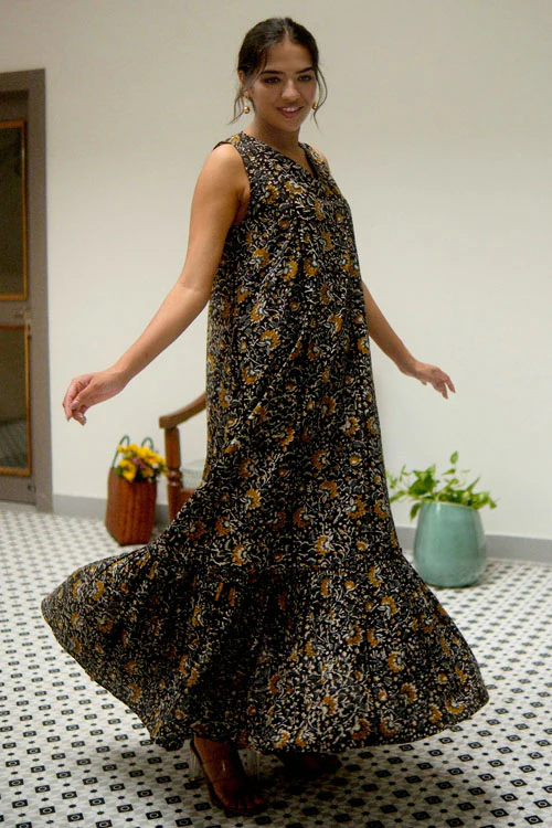 Dharan Hand Block Print "Black Jhalar Dress"