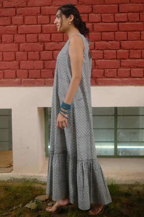 Dharan Hand Block Print "Grey Jhalar Dress" - Image 4