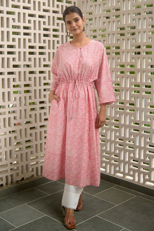 Dharan Hand Block Print "Pink Miko Kaftan"