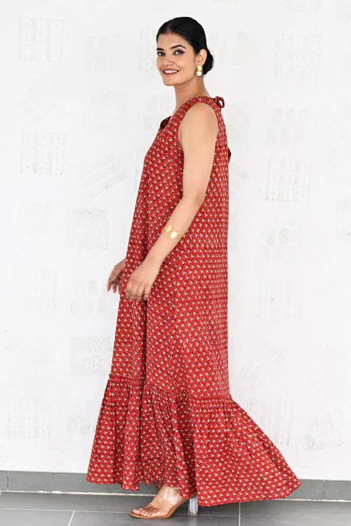 Dharan Hand Block Print "Red Jhalar Dress" - Image 2