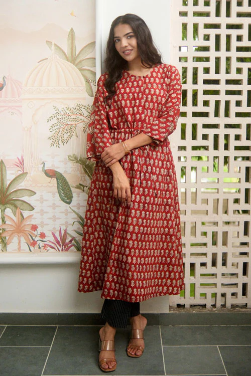 Dharan Hand Block Print "Red Miko Kaftan" - Image 4