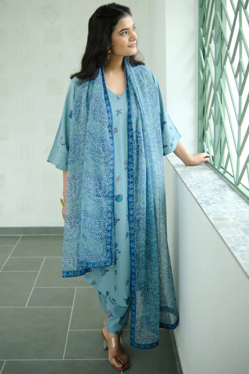 Dharan Hand Block Print "Teal Aura Suit Set" - Image 2