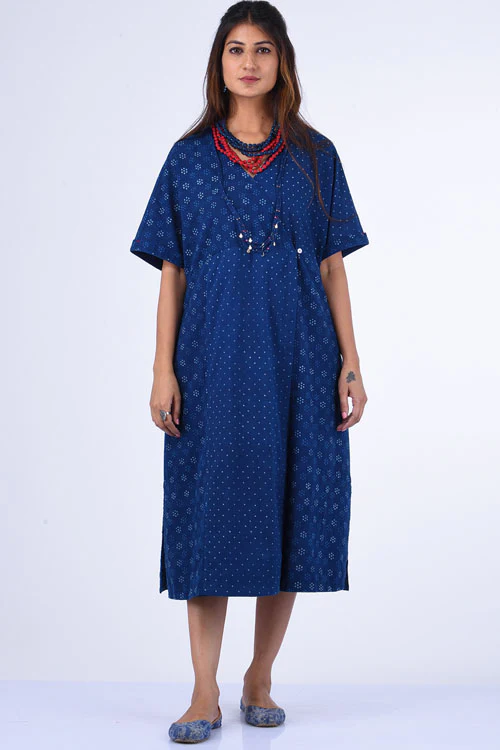 Dharan "Jama Dress" Indigo Block Printed Dress - Image 4