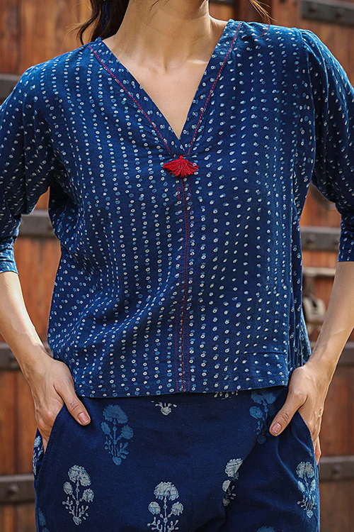 Dharan "Jimi Crop Top" Indigo Block Printed Top - Image 2