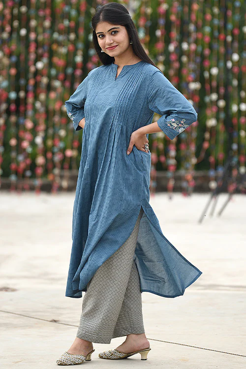 Dharan 'Embroidered Kalidar Kurta' Blue Block printed Kurta - Image 3