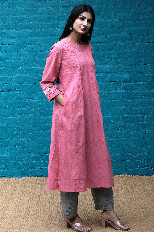 Dharan 'Embroidered Kalidar Kurta' Pink Block printed Kurta - Image 3
