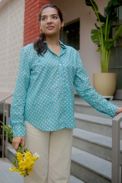 Dharan Kantha Embroidery "Blue Vibe Shirt" - Image 2