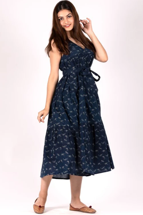 Dharan "Monkey Print Dress " Indigo Block Printed Dress - Image 3