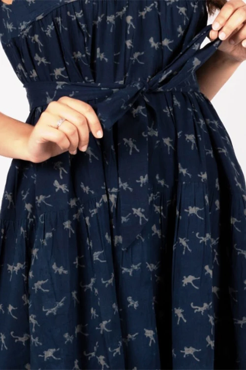 Dharan "Monkey Print Dress " Indigo Block Printed Dress - Image 4