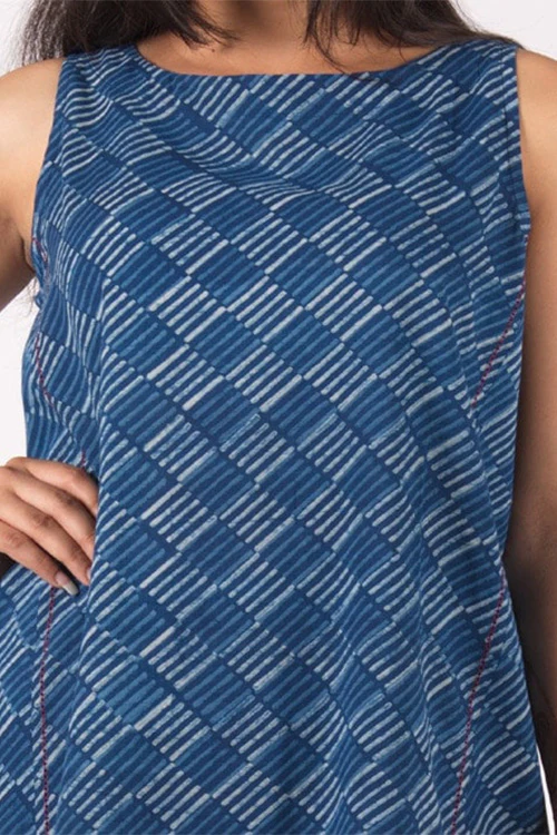Dharan "Neel Slash Tunic" Indigo Block Printed Dress - Image 3