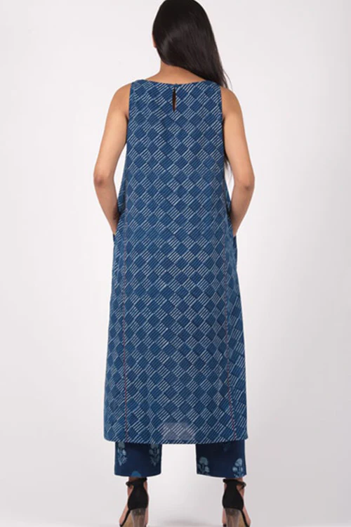 Dharan "Neel Slash Tunic" Indigo Block Printed Dress - Image 4