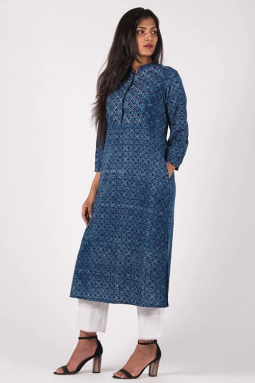 Dharan 'Neel Yoke Kurta' Indigo Block Printed Kurta - Image 3
