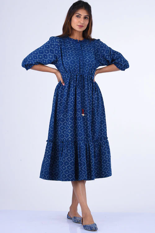 Dharan "Ojee Dress" Indigo Block Printed Dress - Image 3