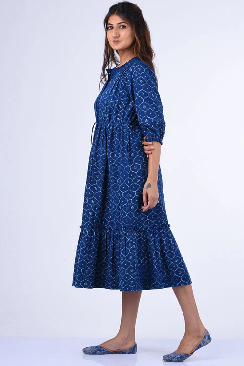 Dharan "Ojee Dress" Indigo Block Printed Dress - Image 4