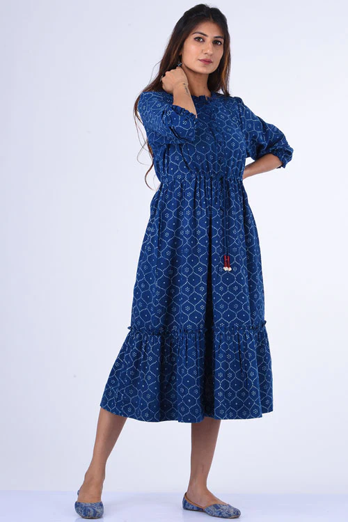 Dharan "Ojee Dress" Indigo Block Printed Dress - Image 5