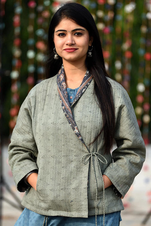 Dharan "Olive Overlap Quilted Jacket" Olive Block Printed Reversible Jacket - Image 4