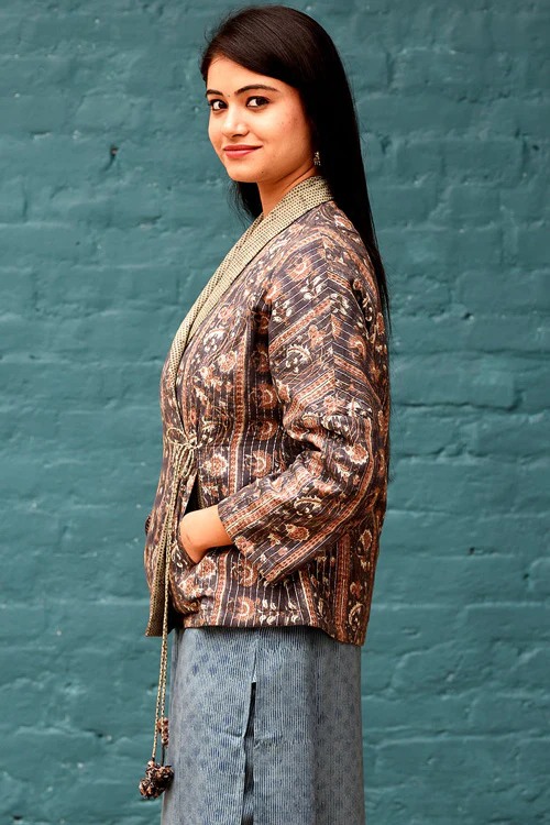 Dharan "Olive Overlap Quilted Jacket" Olive Block Printed Reversible Jacket - Image 5