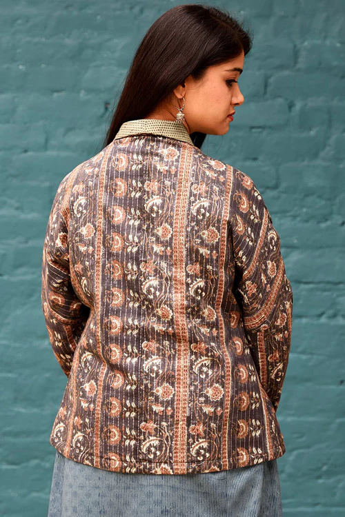 Dharan "Olive Overlap Quilted Jacket" Olive Block Printed Reversible Jacket - Image 6