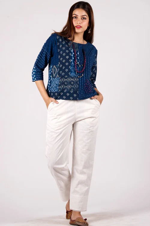 Dharan 'Quilted Straight Pants' White Block Printed Pants - Image 4