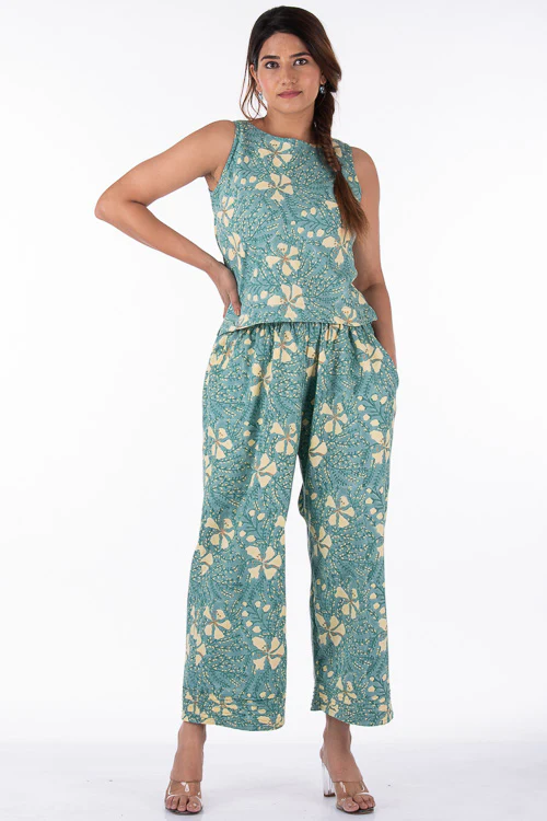 Dharan "Raag Crop Top" Green Block Printed Top