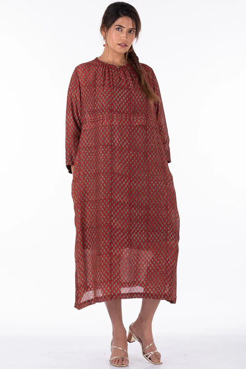 Dharan "Ruby Dress" Red Block Printed Dress With Slip - Image 4