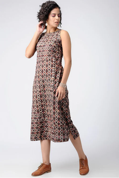 Dharan 'Tile Design Dress' Brown Block Printed Dress - Image 3