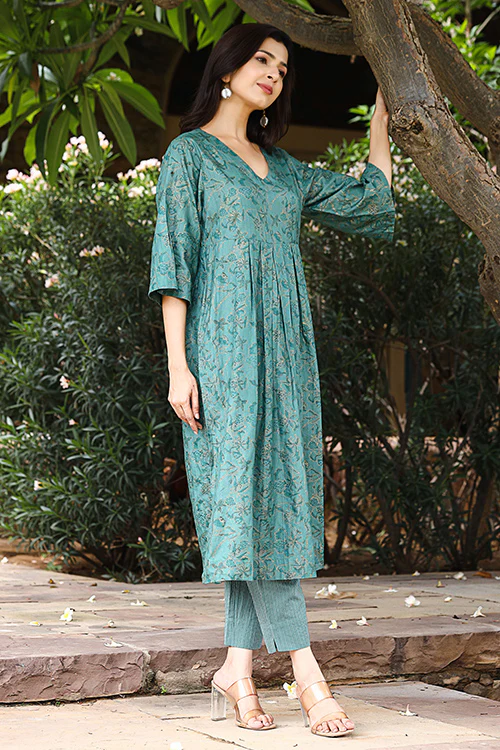 Dharan "Twinkle Kurta" Green Block Printed Kurta - Image 3