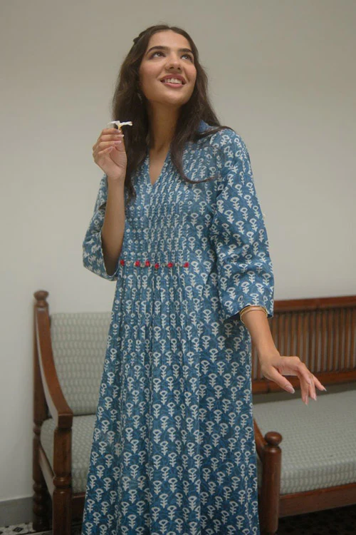 Dharan "Uno Dress" Indigo Block Printed Dress - Image 2