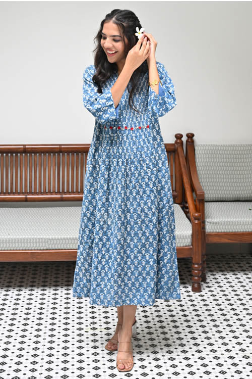 Dharan "Uno Dress" Indigo Block Printed Dress - Image 4