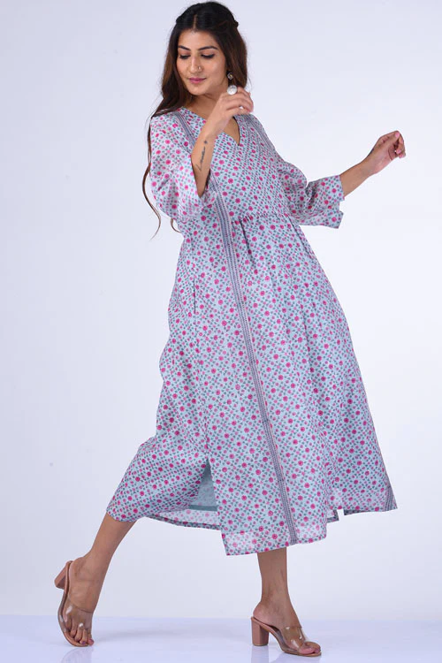 Dharan " Upavan Dress" Blue Block Printed Dress - Image 4