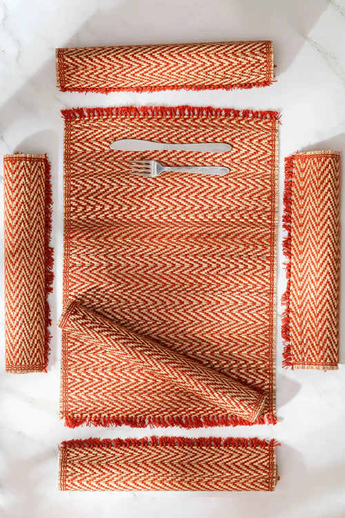 Dharini Madurkathi Chevron Tassels Placemats Rust (Set Of 6) - Image 7