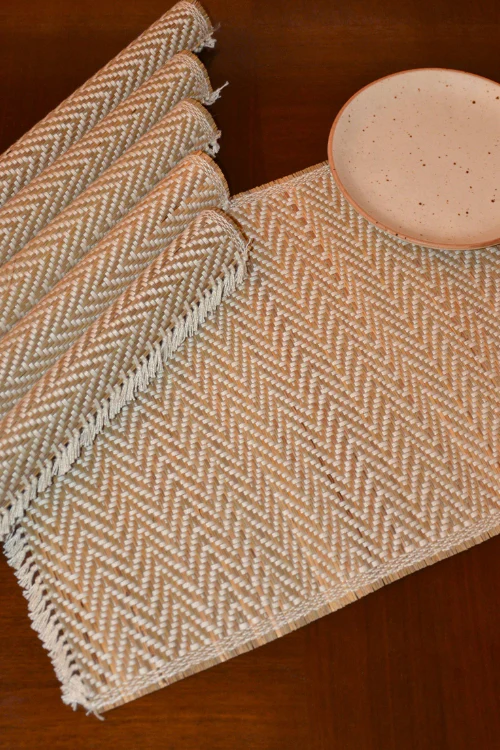 Dharini Madurkathi Chevron Tassels Placemats Sage Ivory (Set Of 6) - Image 3