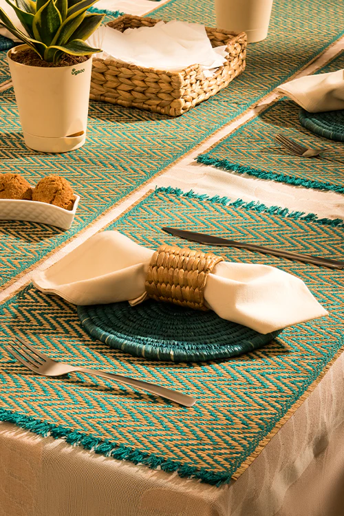 Dharini Madurkathi Chevron Tassels Placemats Teal (Set Of 6) - Image 2