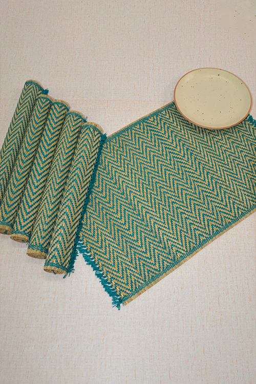 Dharini Madurkathi Chevron Tassels Placemats Teal (Set Of 6) - Image 3