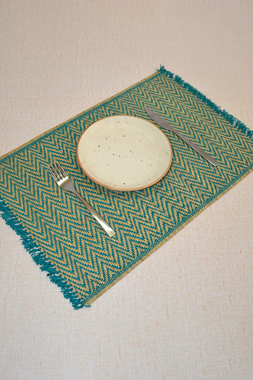 Dharini Madurkathi Chevron Tassels Placemats Teal (Set Of 6) - Image 4