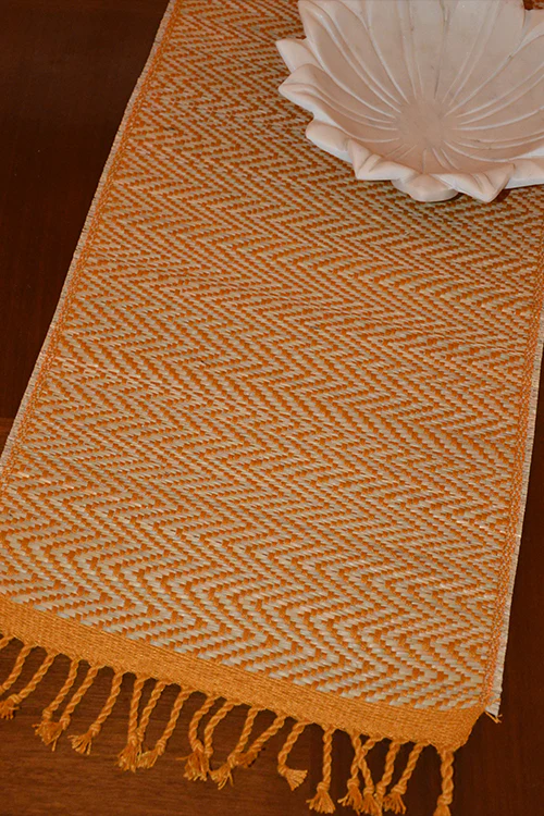 Dharini Madurkathi Chevron Tassels Table Runner Mustard Large - Image 4