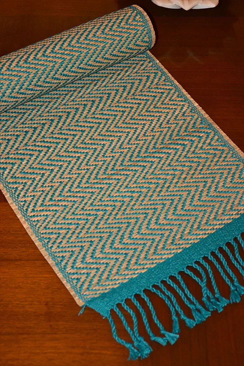 Dharini Madurkathi Chevron Tassels Table Runner Teal Large - Image 2