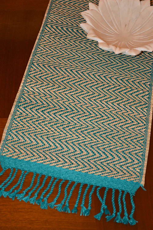 Dharini Madurkathi Chevron Tassels Table Runner Teal Large - Image 3